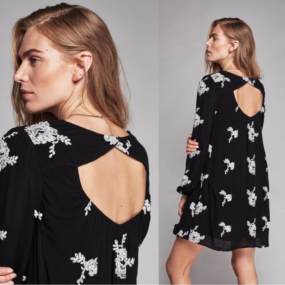 Free People • Embroidered Austin Mini Dress black cream floral flowy swing Emma - Picture 13 of 16